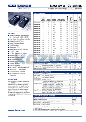 NMA-1 datasheet - Isolated 1W Dual Output DC-DC Converters