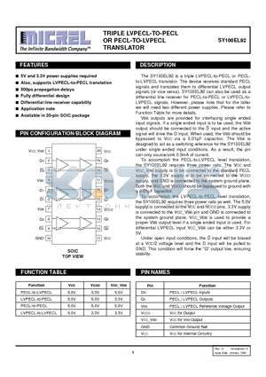 SY100EL92 datasheet - TRIPLE LVPECL-TO-PECL OR PECL-TO-LVPECL TRANSLATOR