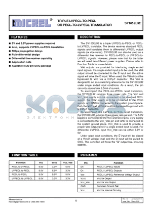 SY100EL92ZGTR datasheet - TRIPLE LVPECL-TO-PECL OR PECL-TO-LVPECL TRANSLATOR