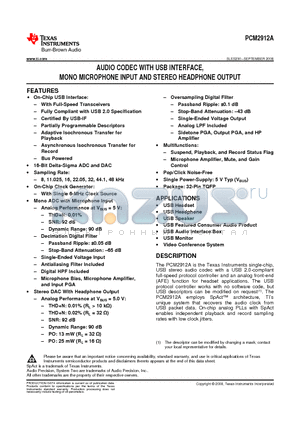 PCM2912APJT datasheet - AUDIO CODEC WITH USB INTERFACE, MONO MICROPHONE INPUT AND STEREO HEADPHONE OUTPUT