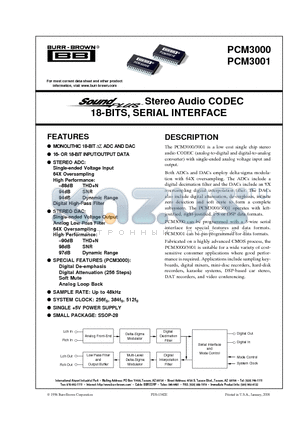 PCM3001 datasheet - Stereo Audio CODEC 18-BITS, SERIAL INTERFACE TM