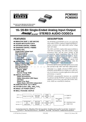 PCM3002E datasheet - 16-/20-Bit Single-Ended Analog Input/Output STEREO AUDIO CODECs