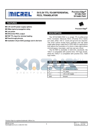 SY100ELT20VZG datasheet - 5V/3.3V TTL-TO-DIFFERENTIAL PECL TRANSLATOR