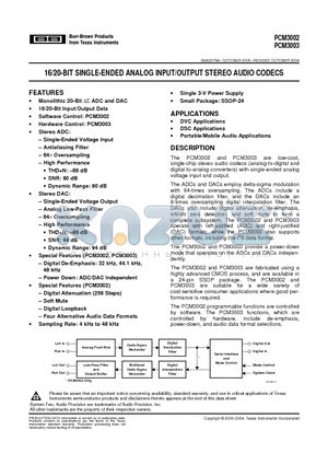 PCM3002E/2K datasheet - 16/20-BIT SINGLE-ENDED ANALOG INPUT/OUTPUT STEREO AUDIO CODECS