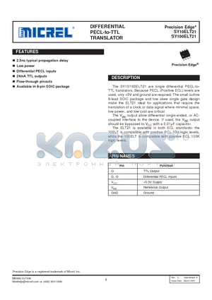 SY100ELT21ZCTR datasheet - DIFFERENTIAL PECL-to-TTL TRANSLATOR