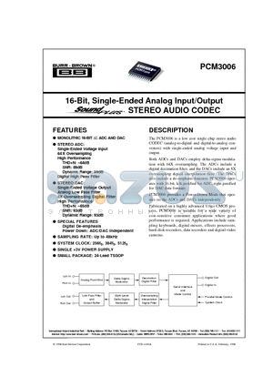 PCM3006 datasheet - 16-Bit, Single-Ended Analog Input/Output STEREO AUDIO CODEC