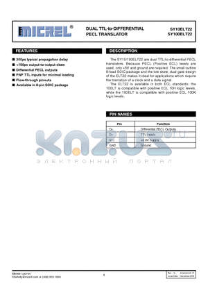 SY100ELT22 datasheet - DUAL TTL-to-DIFFERENTIAL PECL TRANSLATOR