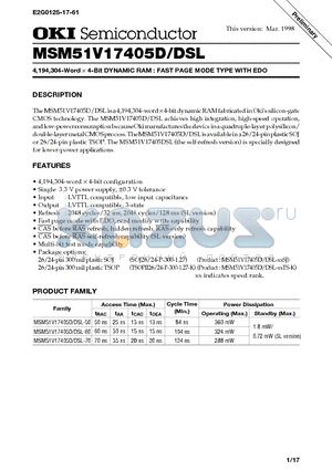 MSM51V17405D datasheet - 4,194,304-Word x 4-Bit DYNAMIC RAM : FAST PAGE MODE TYPE WITH EDO