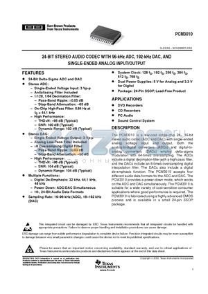 PCM3010 datasheet - 24-BIT STEREO AUDIO CODEC WITH 96-kHz ADC, 192-kHz DAC, AND SINGLE-ENDED ANALOG INPUT/OUTPUT
