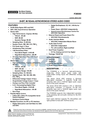 PCM3060 datasheet - 24-BIT, 96/192-kHz ASYNCHRONOUS STEREO AUDIO CODEC