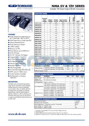 NMA0515D datasheet - ISOLATED 1W DUAL OUTPUT DC-DC CONVERTERS