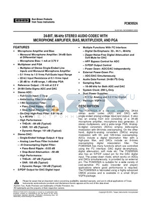 PCM3052A datasheet - 24-BIT, 96-kHz STEREO AUDIO CODEC WITH MICROPHONE AMPLIFIER, BIAS, MUXTIPLEXER, AND PGA