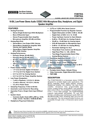 PCM3793ARHBR datasheet - 16-Bit, Low-Power Stereo Audio CODEC With Microphone Bias, Headphone, and Digital Speaker Amplifier