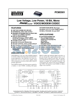 PCM3501E datasheet - Low Voltage, Low Power, 16-Bit, Mono VOICE/MODEM CODEC