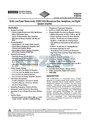 PCM3793RHBRG4 datasheet - 16-Bit, Low-Power Stereo Audio CODEC With Microphone Bias, Headphone, and Digital Speaker Amplifier