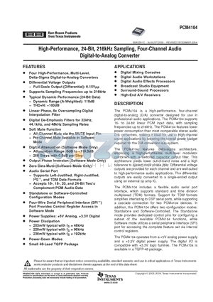 PCM4104PFBT datasheet - High-Performance, 24-Bit, 216kHz sampling, Four-channel Audio Digital-to-Analog Converter