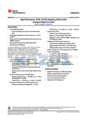 PCM4202-EP datasheet - High-Performance, 24 Bit, 216 kHz Sampling, Stereo Audio Analog-to-Digital Converte