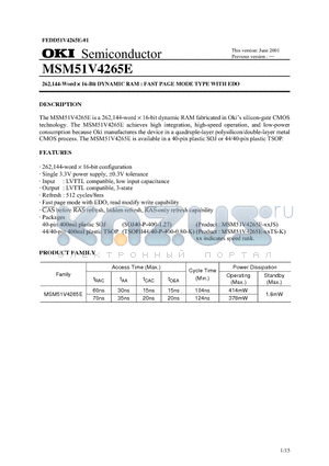 MSM51V4265E datasheet - 262,144-Word 16-Bit DYNAMIC RAM : FAST PAGE MODE TYPE WITH EDO