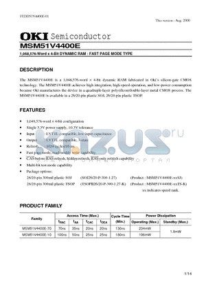 MSM51V4400E datasheet - 1,048,576-Word x 4-Bit DYNAMIC RAM : FAST PAGE MODE TYPE