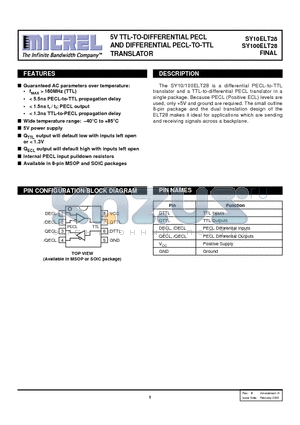 SY100ELT28KCTR datasheet - 5V TTL-TO-DIFFERENTIAL PECL AND DIFFERENTIAL PECL-TO-TTL TRANSLATOR