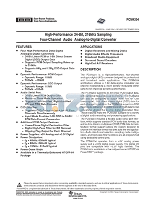 PCM4204PAPR datasheet - HIGH PERFORMANCE 24 BIT 216KHZ SAMPLING FOUR CHANNEL AUDIO ANALOG TO DIGITAL CONVERTER