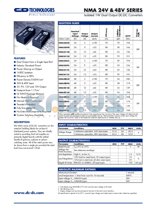 NMA2409D datasheet - Isolated 1W Dual Output DC-DC Converters