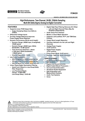 PCM4220PFBG4 datasheet - High-Performance, Two-Channel, 24-Bit, 216kHz Sampling Multi-Bit Delta-Sigma Analog-to-Digital Converter