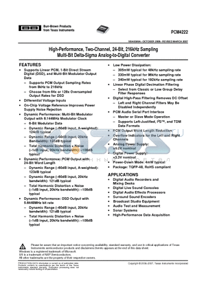 PCM4222 datasheet - High-Performance, Two-Channel, 24-Bit, 216kHz Sampling  Multi-Bit Delta-Sigma Analog-to-Digital Converter