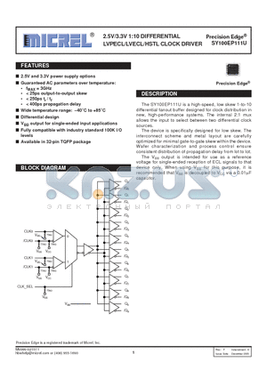 SY100EP111UTG datasheet - 2.5V/3.3V 1:10 DIFFERENTIAL LVPECL/LVECL/HSTL CLOCK DRIVER