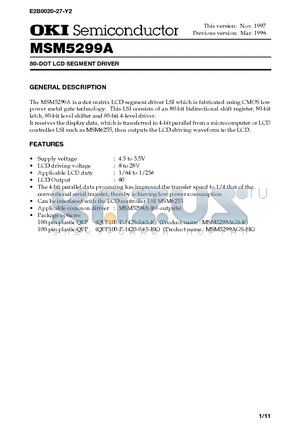 MSM5299A datasheet - 80-DOT LCD SEGMENT DRIVER