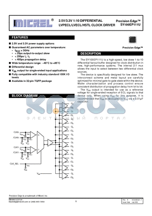 SY100EP111UTI datasheet - 2.5 V/ 3.3V 1:10 DIFFERENTIAL LVPECL /LVECL/HSTL CLOCK DRIVER