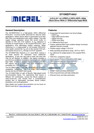 SY100EP14AUKG datasheet - 2.5V/3.3V 1:5 LVPECL/LVECL/HSTL 2GHz Clock Driver With 2:1 Differential Input MUX