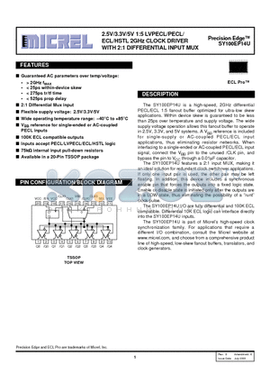 SY100EP14U datasheet - 2.5V/3.3V/5V 1:5 LVPECL/PECL/ ECL/HSTL 2GHz CLOCK DRIVER WITH 2:1 DIFFERENTIAL INPUT MUX