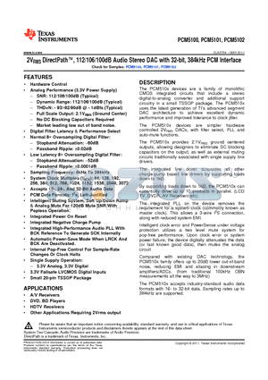 PCM5102PWR datasheet - 2VRMS DirectPath, 112/106/100dB Audio Stereo DAC with 32-bit, 384kHz PCM Interface