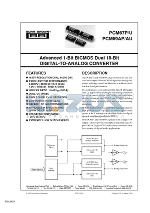 PCM67U datasheet - Advanced 1-Bit BiCMOS Dual 18-Bit DIGITAL-TO-ANALOG CONVERTER