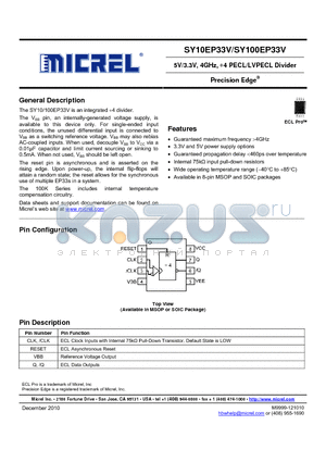 SY100EP33VKCTR datasheet - 5V/3.3V, 4GHz, 4 PECL/LVPECL Divider