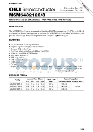 MSM5432128 datasheet - 131,072-Word x 32-Bit DYNAMIC RAM : FAST PAGE MODE TYPE WITH EDO