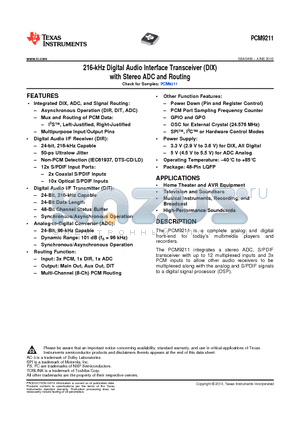 PCM9211 datasheet - 216-kHz Digital Audio Interface Transceiver (DIX) with Stereo ADC and Routing