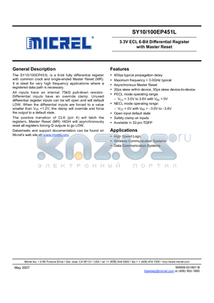 SY100EP451LTGTR datasheet - 3.3V ECL 6-Bit Differential Register with Master Reset