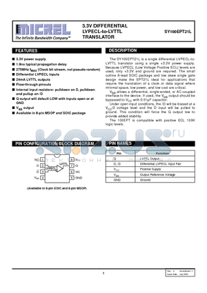 SY100EPT21LKCTR datasheet - 3.3V DIFFERENTIAL LVPECL-to-LVTTL TRANSLATOR