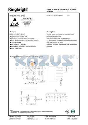 SA39-11PBWA/A datasheet - 9.9mm (0.39INCH) SINGLE DIGIT NUMERIC DISPLAY