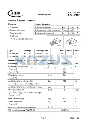 SPD18P06P datasheet - SIPMOS Power-Transistor