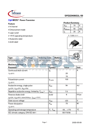 SPD22N08S2L-50 datasheet - OptiMOS Power-Transistor