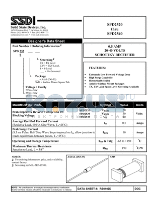 SPD2530 datasheet - 0.5 AMP 20-40 VOLTS SCHOTTKY RECTIFIER