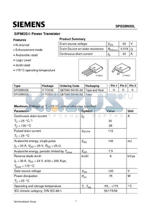 SPD28N03L datasheet - SIPMOS Power Transistor