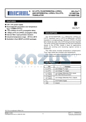 SY100EPT28LKITR datasheet - 3V LVTTL-TO-DIFFERENTIAL LVPECL AND DIFFERENTIAL LVPECL-TO-LVTTL TRANSLATOR