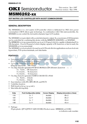 MSM6262-XX datasheet - DOT MATRIX LCD CONTROLLER WITH 48-DOT COMMON DRIVER
