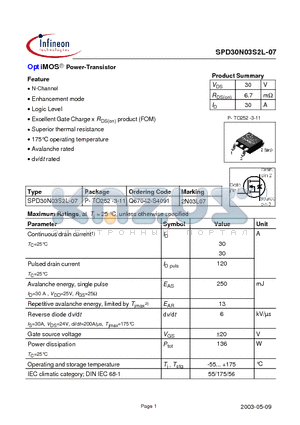 SPD30N03S2L-07 datasheet - OptiMOS Power-Transistor