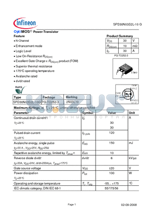 SPD30N03S2L-10_08 datasheet - OptiMOS Power-Transistor Feature N-Channel Enhancement mode