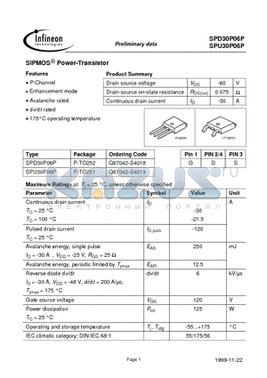 SPD30P06P datasheet - SIPMOS Power-Transistor